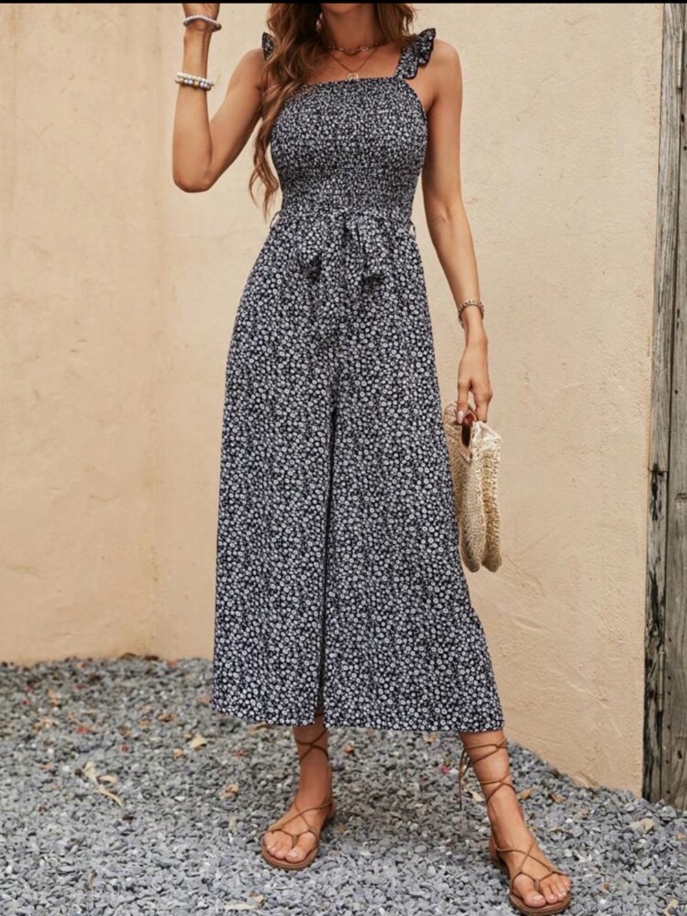 SHEIN Black and White Ditsy Floral Smocked Wide-Leg Jumpsuit with Belt
